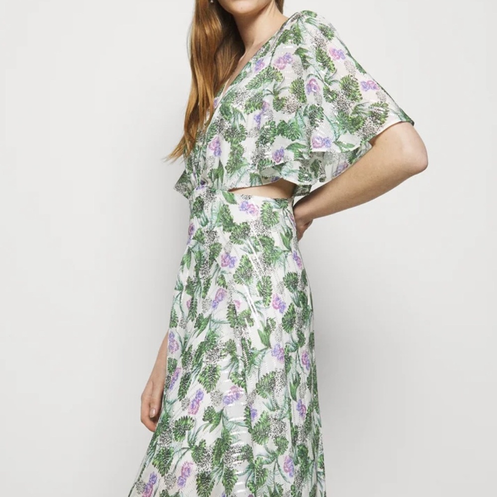 Maje Rochelle Maxi cut out dress metallic green floral purple asymmetric size 36